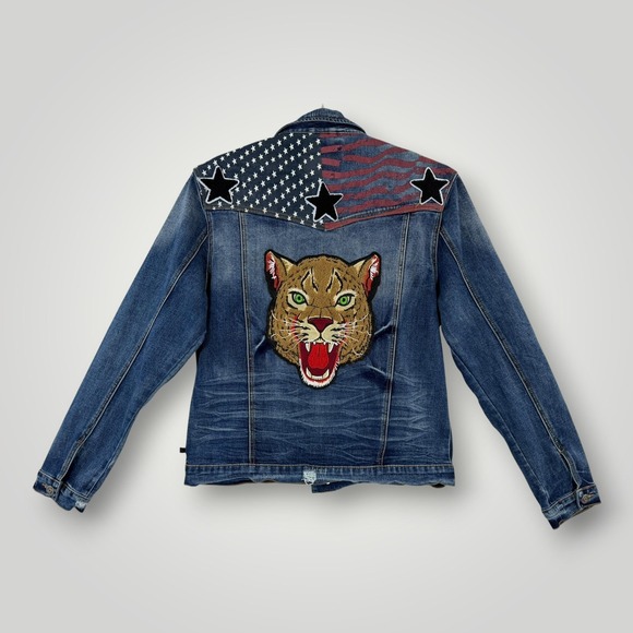 Top Gun Other - Denim Bomber Jacket with Embroidered Jaguar and Flag Patch
